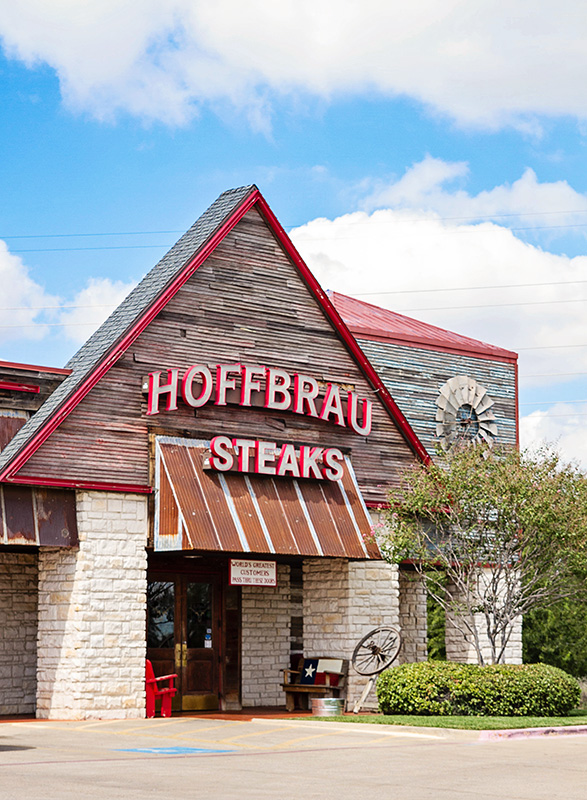 An exterior view of the Haltom City Hoffbrau Steak & Grill House.