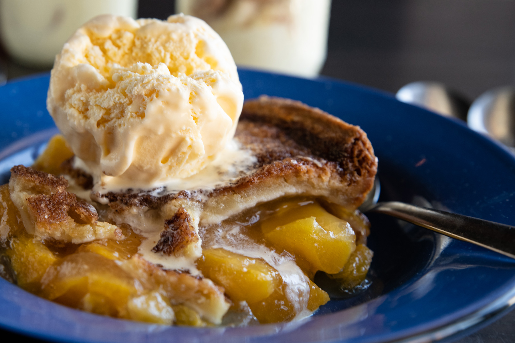 The best peach cobbler and ice cream dessert is served at Hoffbrau Steak & Grill House.