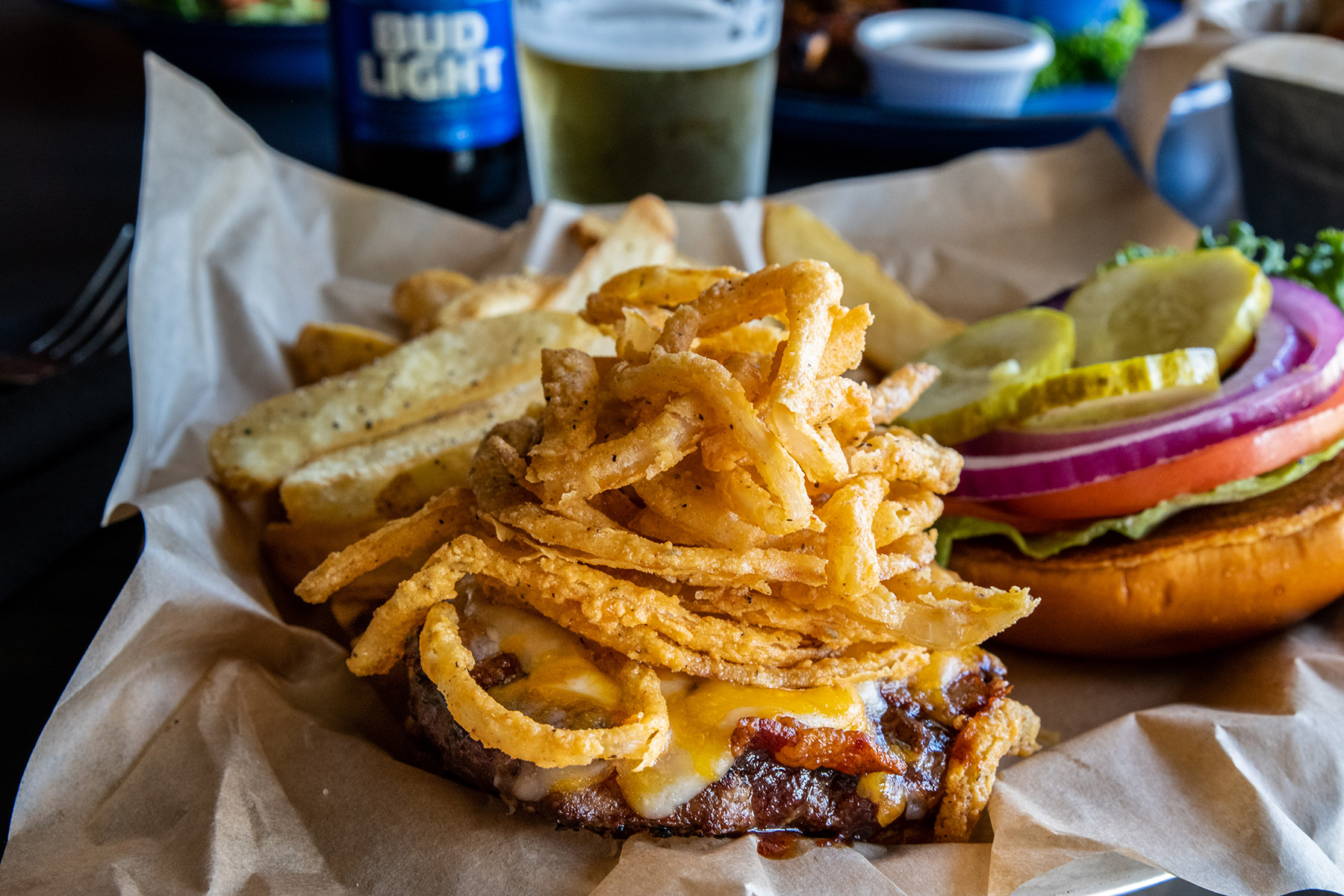 The mouthwatering Hoffbrau Steak & Grill House’s Brazos burger and all the fixings.